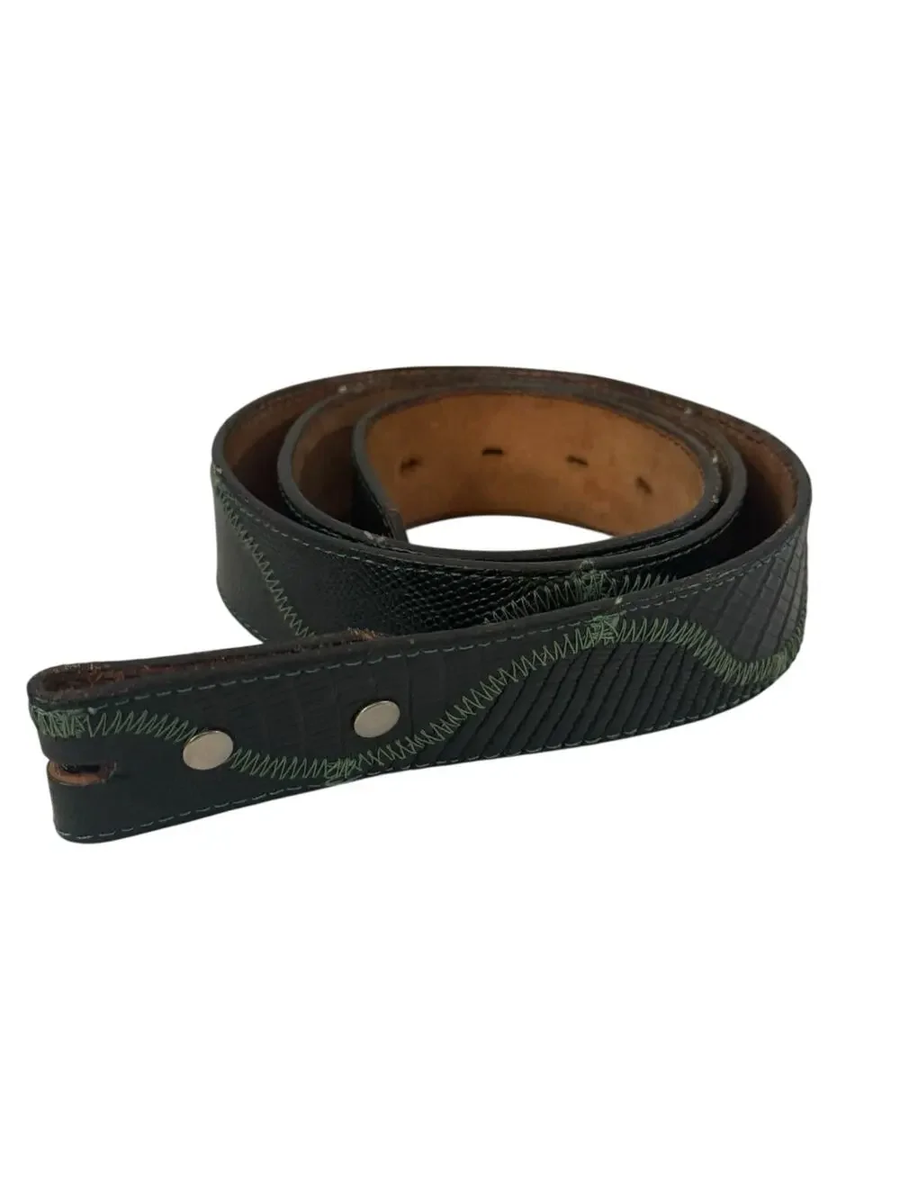 Vintage DDD Black Reptile Embossed Green Stitch Leather Belt Strap 38
